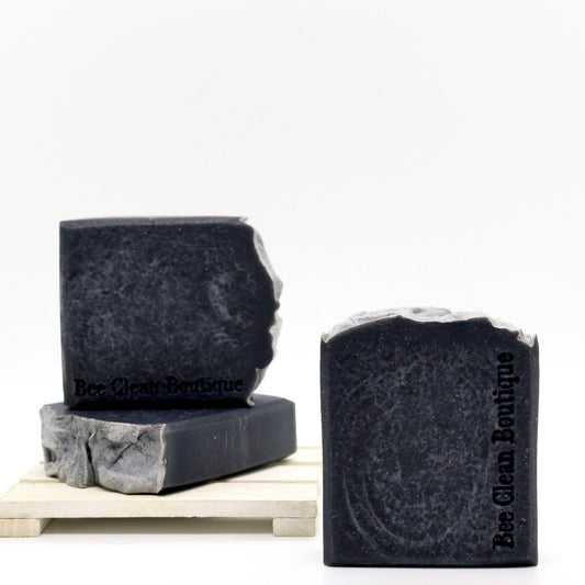 3 bars of charcoal peppermint hand made soap bars on display