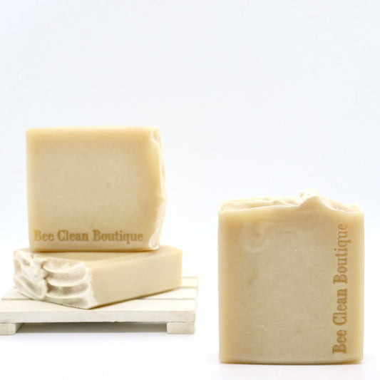 3 bars of lemongrass verbena soap bars on display on a white surface